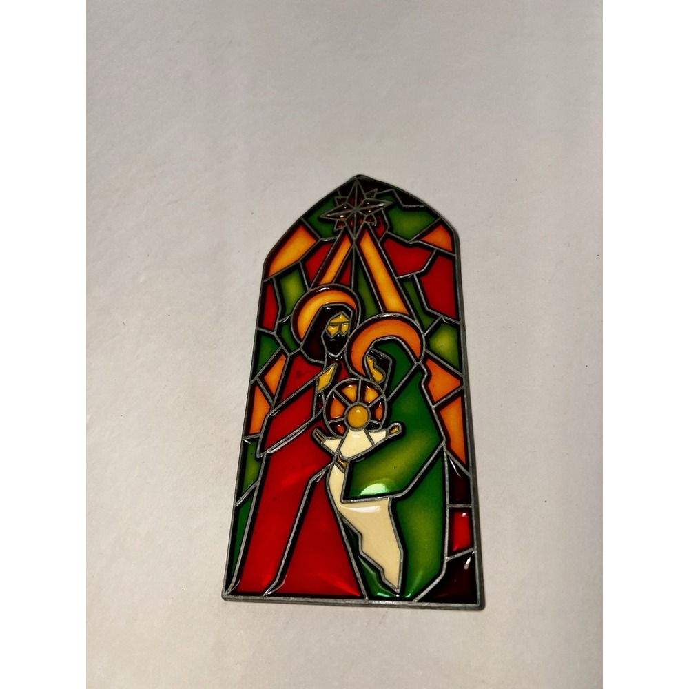 Vintage Stained Glass Suncatcher Jesus Manger Scene Mary Joseph Christmas 7.75"